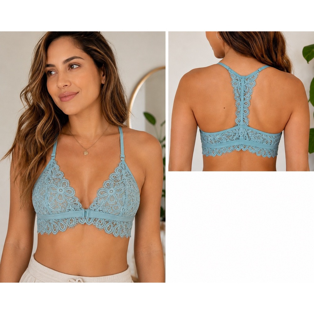 ThirdLove Lace Bralette Sage Green Racerback Front Closure Floral L Large